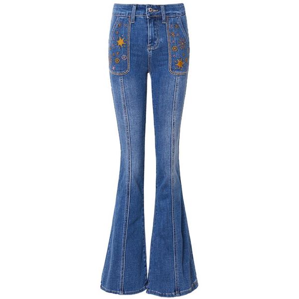 

2019 women jeans with star embroidery high waist luxury denim pants embroidered bell bottom flare pants, Blue