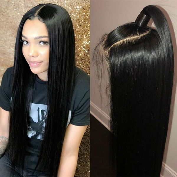 

1b# Natural Soft Long Silky Straight Full with Baby Hair Heat Resistant Glueless Synthetic Lace Front Wigs for Black Women, Natural color