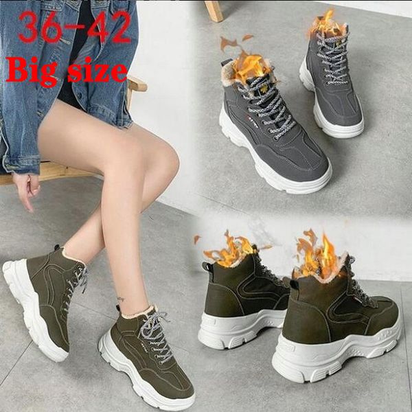 

short boots women winter plush keep warm thick bottom round toe platform lace flock leisure women walking shoes zz-225, Black