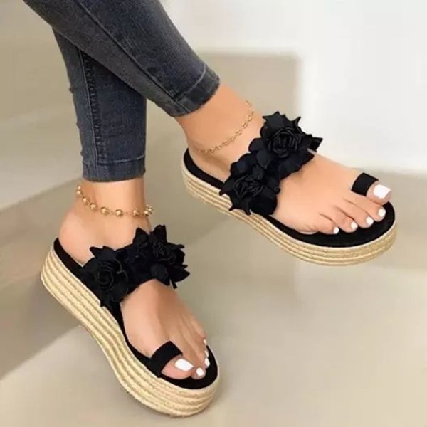 

women new slippers fashion mid heels large shoes women straw woven flowers sandals shoes ladies outdoor casual platform slippers t200520, Black