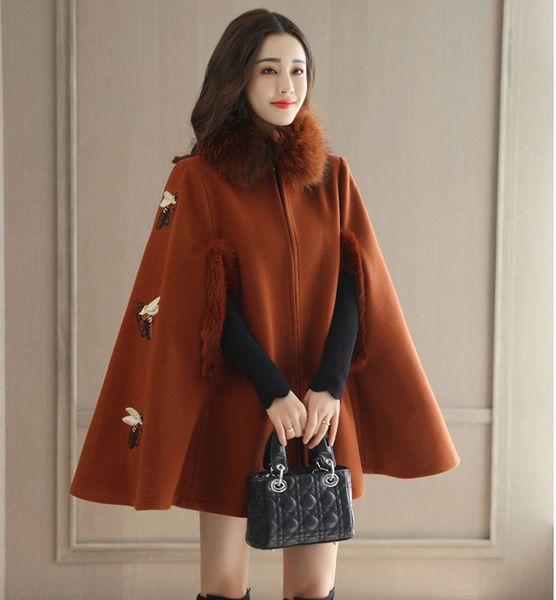 

women winter 2019 coats embroidery bee british overcoat cloak fashion wool coat female f556, Black