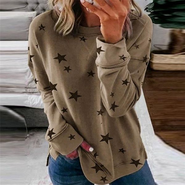 

2020 blouses women round neck long sleeve star print side split pullover sweatshirt clothing female plus size shirt woman, Black