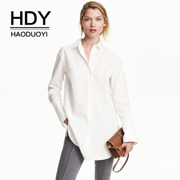 

hdy haoduoyi femme simple buckle single-breasted baggy shirt boyfriend style sheer white comfortable loose stepped hem blouse