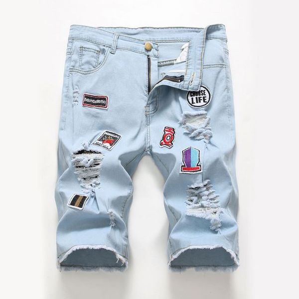 

streetwear holes denim shorts new summer men light blue short jeans stretch casual jean shorts slim knee length jeans