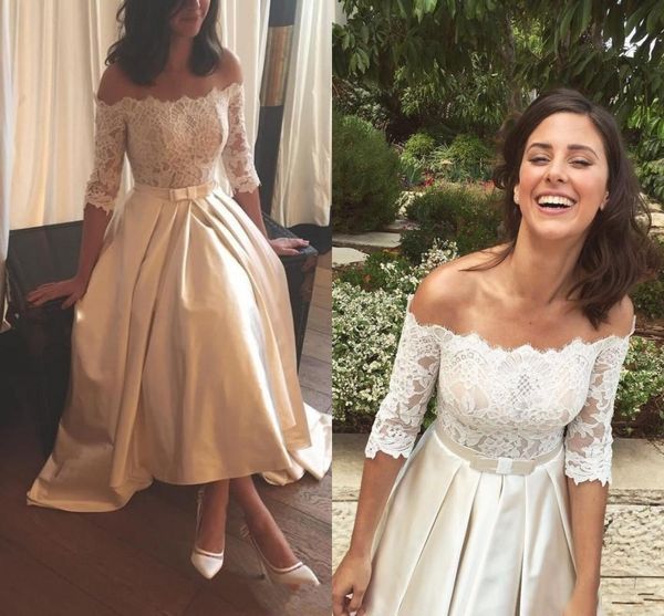 

Half Sleeve Ivory Lace Country Wedding Dresses Short Elegant Off Shoulder Sash Boho Bridal Dress Tea Length Wedding Gowns