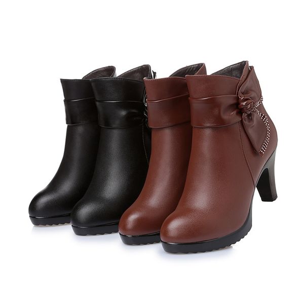 

brand bow women fashion shoes winter ankle boots 2019 warm wool genuine leather shoes woman snow boots high heel, Black
