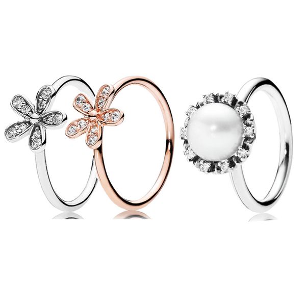 

new 925 sterling silver ring rose dazzling daisy flower everlasting grace pearl with crystal ring for women gift jewelry, Golden;silver