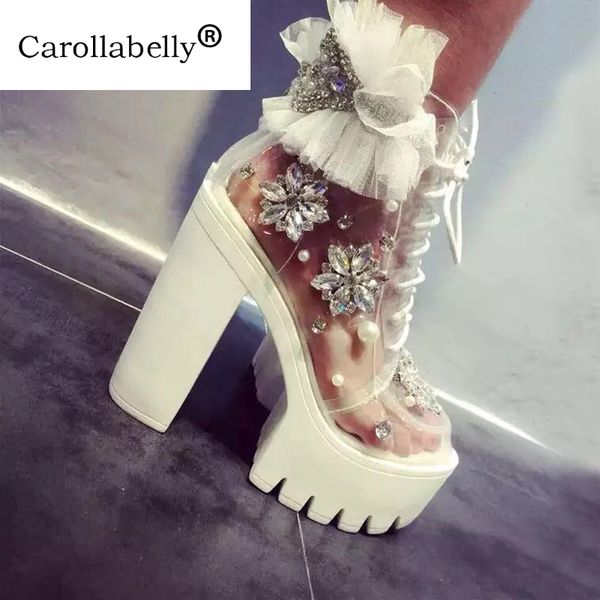 

carollabelly handmade thick heels platform women autumn boots transparent ankle boots women lace up rhinestone lace flower, Black