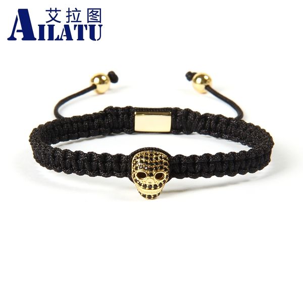 

ailatu jewelry wholesale 10pcs/lot micro pave black cz heart skull braiding macrame bracelet, Golden;silver