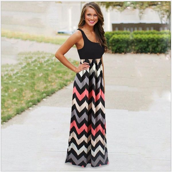

women clothing summer womens casual dresses scoop neck high waist sleeveless panelled striped printed dresses casual, Black;gray