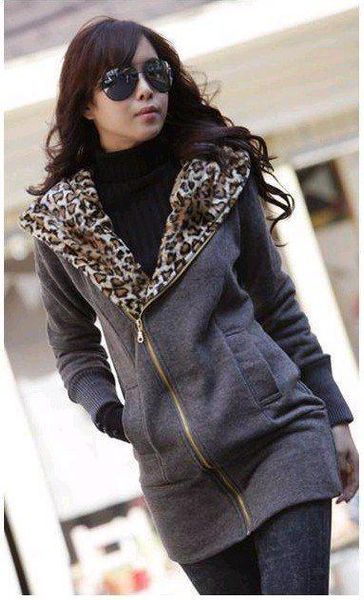 

корея leopard флис женских фуфайки пальто hoodie jacket теплые верхняя одежда осень зима leopard печать hood seatshirts zipper вверх пальто, Black;brown