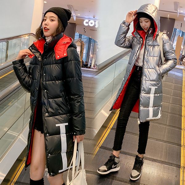 

large size cotton coat women's 2019 winter new style korean-style long over-the-knee bright surface down jacket women's thick sl, Blue;black