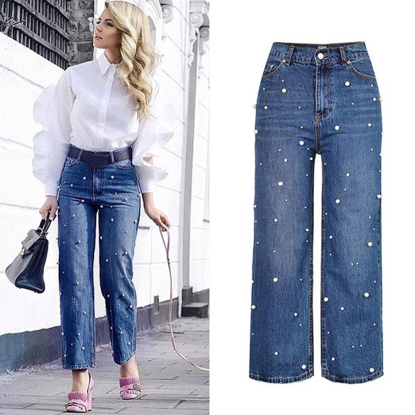

women's jeans women plus size high waist mom beading wide leg denim pants trousers casual streetwear loose cotton, Blue