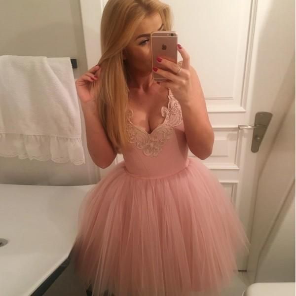 

blush pink spaghetti lace appliqued a-line homecoming dress backless lace tulle short cocktail dresses prom evening party gown, Blue;pink