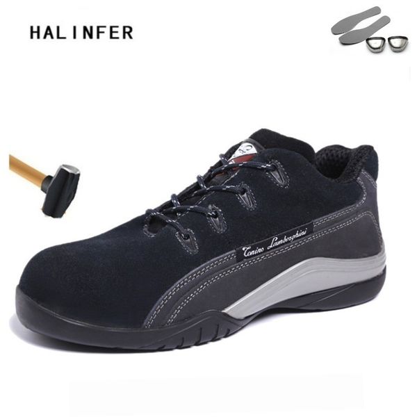 

halinfer men safety work shoes cow suede fashion steel head breathable light puncture prevention for men's safety boots, Black