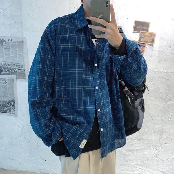 

2020 мужская с длинным рукавом пальто lattice печать гавайке tide мужской французский манжета мужская мода рубашки камиза masculina -5xl, White;black