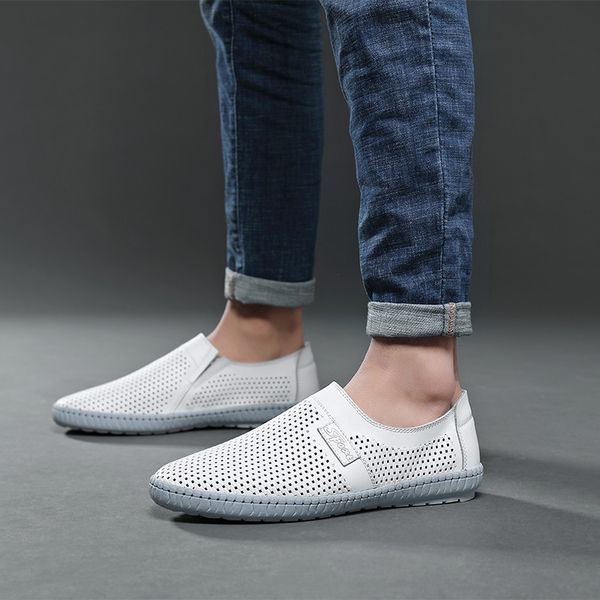 

yomior new 2020 spring men genuine cow leather soft casual shoes slip-on loafers breathable summer beach sandals flats shoes, Black