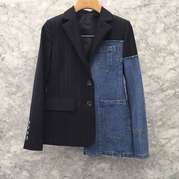 

lanmrem 2019 new spring and autumn fashion turn-down collar full sleeves denim striped jacket female coat wg80801l, Black;brown
