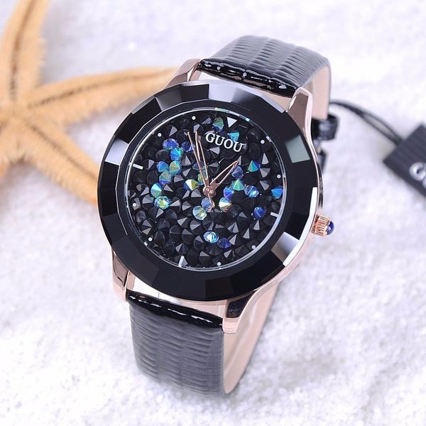 

guou ladies watch rhinestone women's watches leather straps rhinestone starry sky women watches clock montre femme, Slivery;brown