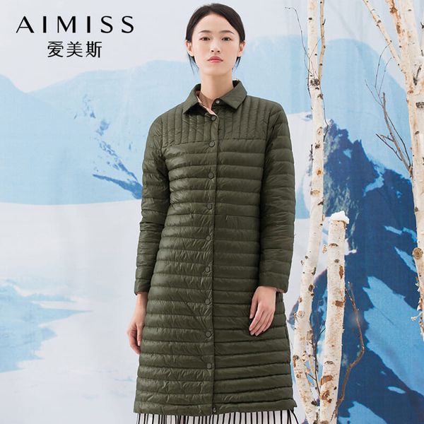 

aimiss brand new down jacket fashion turn-down neck single breasted full sleeves loose casual long down coat outwear, Black