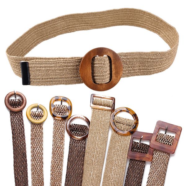 

braided belt with wooden buckle ladies casual solid luxury fashion dress summer woven women straw belt wood bz125, Black;brown