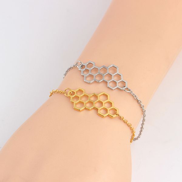 

honeycomb bracelet silver gold color beehive honey bee hive hexagon link chain geometric bangles, Golden;silver