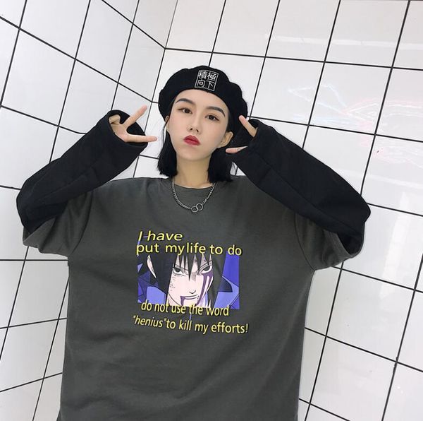 

retro cartoon print loose fake two-piece sweatshirt, Black
