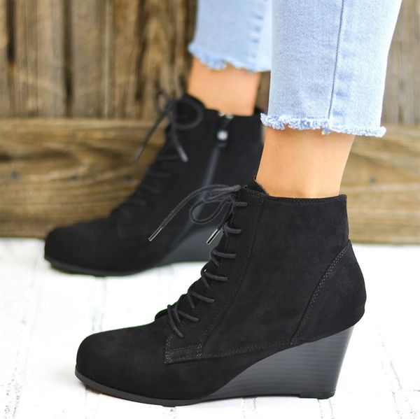 

boots women shoes women fashion high heel lace up ankle boots ladies buckle platform artificial leather shoes bota feminina 2019, Black