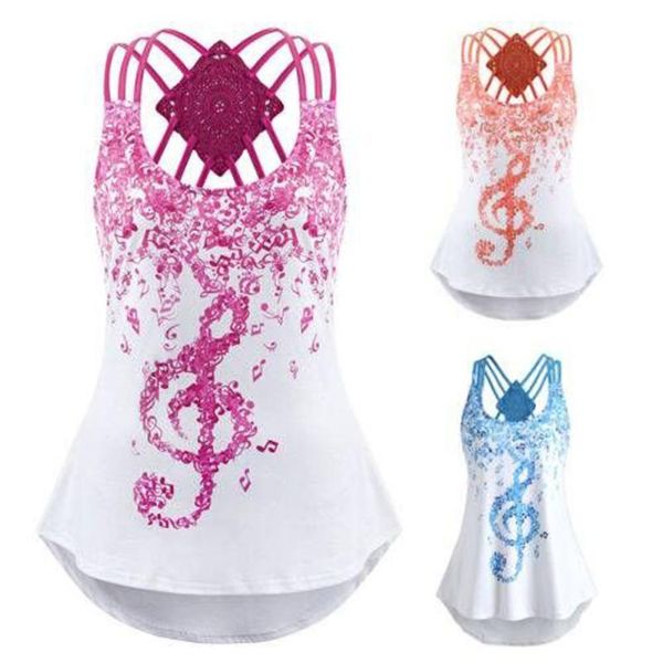 

women designer shirt women tshirt hoge kwaliteit dames bandages mouwloos vest long muzieknoten print strappy voor vrouwen ap26, White