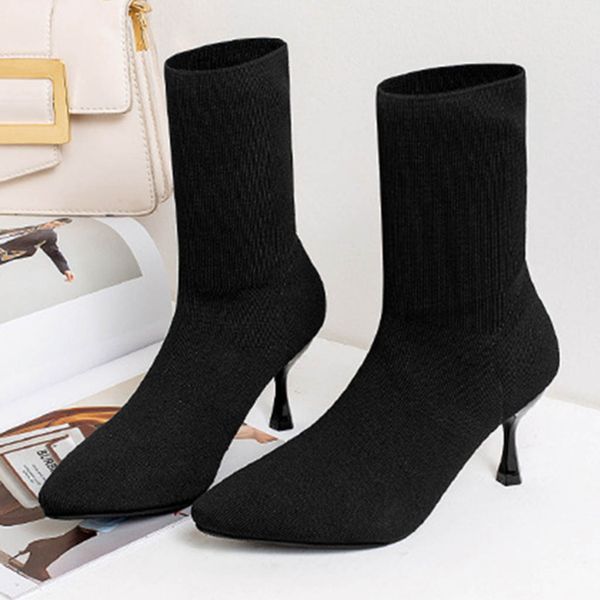 

sagace autumn and winter women boots high heels slip on booties shoes ladies pointed toe ankle boots short, Black