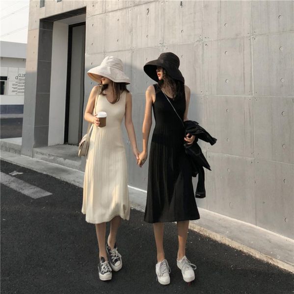 

p shoot 2020 spring women's dress sleeveless camisole jersey dress women's slimming v-neck stripes medium-length, White;black