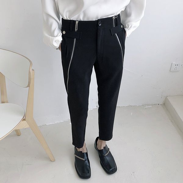 

мужская молния дизайн девять точек брюки мужские тонкие ноги брюки парикмахер прилив бренд личность певица, Black