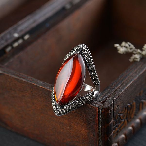 

fnj marcasite rings 925 silver adjustable size open s925 solid silver ring for women jewelry white green chalcedony red zircon, Golden;silver