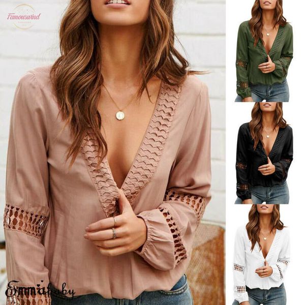 

2020 women long sleeve loose t shirt summer women lantern sleeve casual t shirts v neck hollow out lantern, White