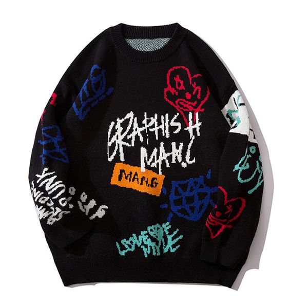 

plegie hip hop knitted graffiti pullover sweaters men 2019 casual black white sweater streetwear jumper outwear male, White;black
