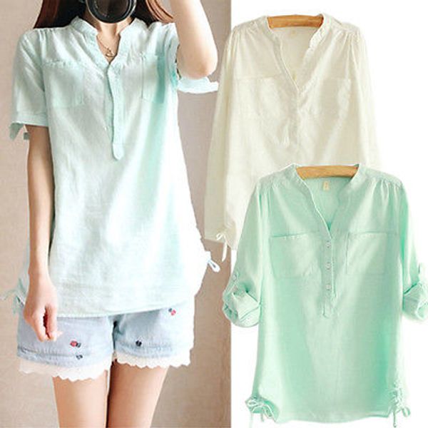 

new korean summer women's loose cotton blend vintage shirt casual blouse, White