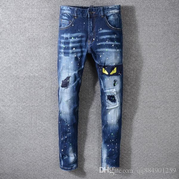 

mens 2019 luxury designer clothes ripped skinny jeans fashion designer slim fit destroyed jeans denim pants for men s clothing jeans, Blue