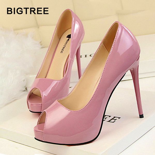 

fashion women pumps 2018 new patent leather shallow high heels shoes peep toe high heels women's party shoes wedding, Black