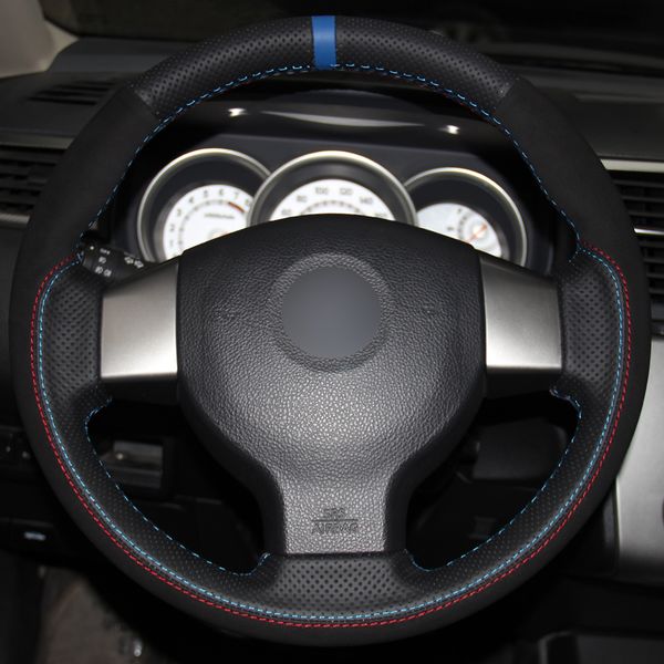 

black natural leather black suede blue marker car steering wheel cover for old nissan tiida livina sylphy note