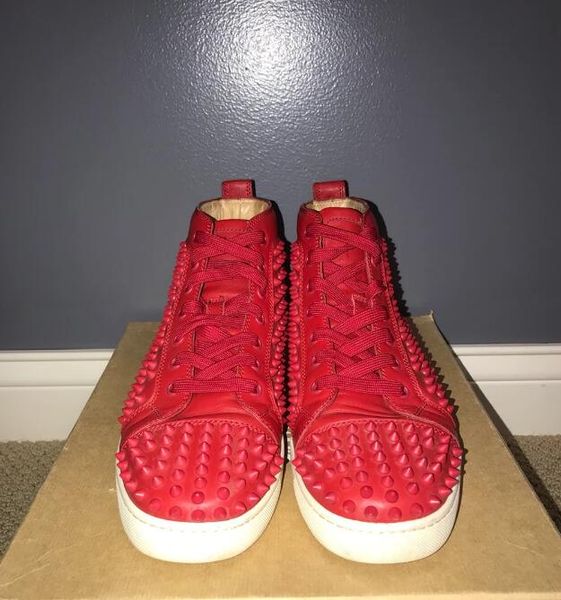 

original box] men shoes red bottom sneaker luxury party wedding shoes genuine leather louisfalt spikes lace-up casual shoes, Black