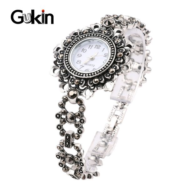 

gukin new vintage look exquisite decorative watch for women hollow floral crystal bracelets for women silver plated boho jewelry, Black