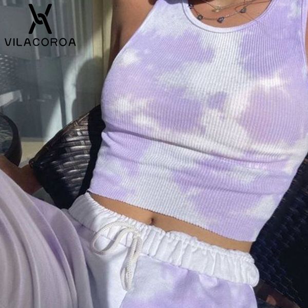

summer tie dyed o neck women tank purple printed sleeveless high street crop high waist vest bodycon female vest, White