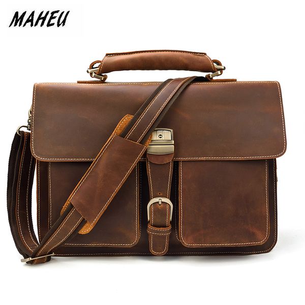 

maheu brand designer business man brief case crazy horse pc lapbags soft leather official messenger bag for men with handle