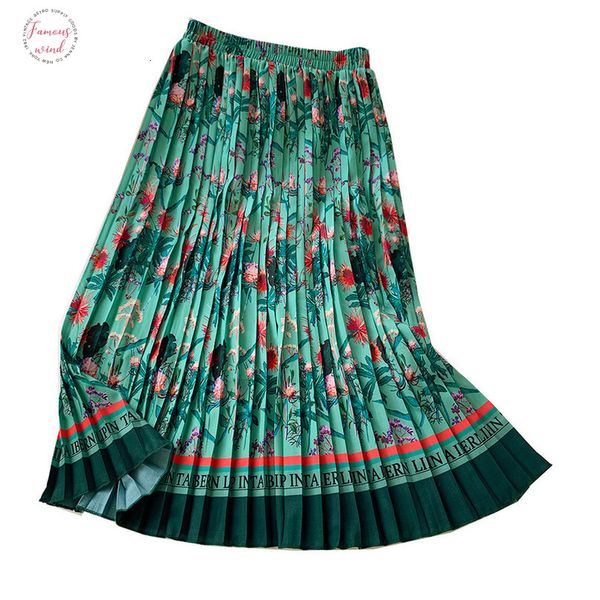 

women long print pleated skirt high waist elascity casual party midi skirts vintage a line female casual sun falda mujer, Black