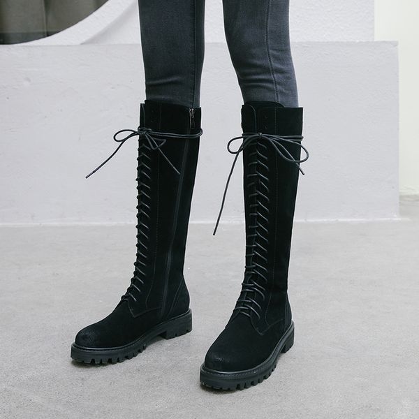 

salu 2019 autumn winter cow suede women knee high boots genuine leather party dancing shoes woman warm buckle square heels, Black