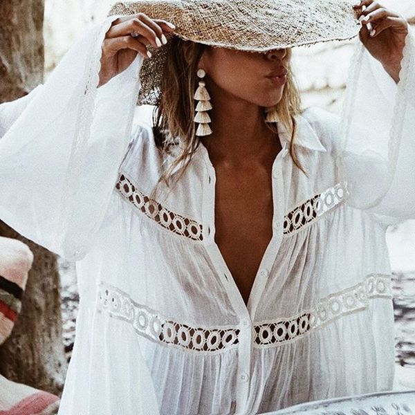 

summer fashion s-xxxl women beach clothes t-shirt turn-down collar white floral loose cover up wear women swimwear coats