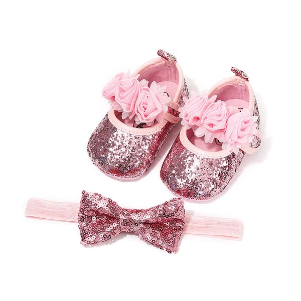 

2019 infant newborn baby girl crib shoes sequin bling headband lace bow tie slippers floral flat hook princess cute summer 0-18m