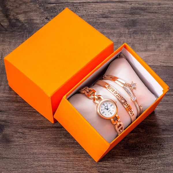 

fashion gold lady wristwatch luxury simple women bracelet watches casual stylish female gift clock 3 pcs set with box women gift, Slivery;brown