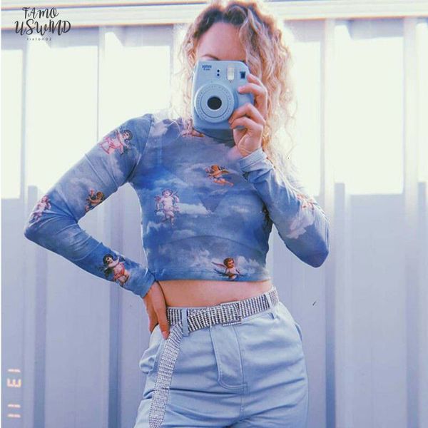 

new fashion women see through sheer mesh letter net t shirt crop cute angel printed female summer vest t shirts, White