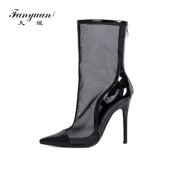 

fanyuan fashion mid calf boots women pointed toe thin high heels boots elegant genuine leather mesh+ cow leather shoes, Black